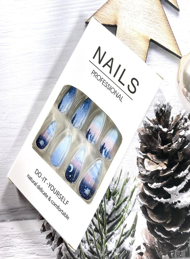 CJDLTS Christmas Press on Nails Medium Almond Shaped White Snowflake Moon Stars Design Xmas False Nail Full Cover Glossy with Glitter Winter Stick on Nail Artificial Acrylic Glue on Nails for Women 24Pcs - Image 5